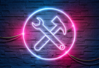 Tool neon icon illuminating a brick wall with blue and pink glowing light 3D rendering - obrazy, fototapety, plakaty