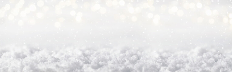 Christmas glitter bokeh lights and snow background, space for text. Selective focus