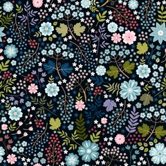 Ditsy floral seamless pattern with flowers, berries and leaves on black background. Print for fabric, textile, wrapping paper