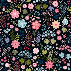 Fototapeta na wymiar Ditsy floral seamless pattern. Cute colorful flowers, leaves and berries on black background. Vector print for fabric.