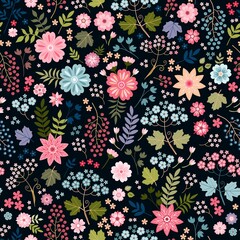 Ditsy floral seamless pattern. Cute colorful flowers, leaves and berries on black background. Vector print for fabric.