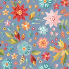 Fototapeta na wymiar Embroidery seamless pattern with colorful flowers and leaves. Fancywork. Vector design.