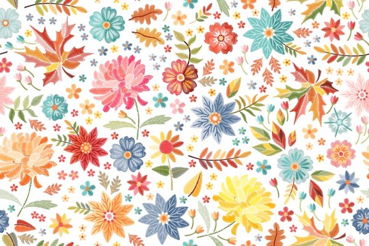 Embroidery vector design. Seamless pattern with colorful flowers and leaves on white background.