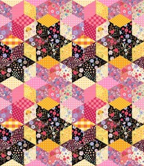 Patchwork seamless floral pattern. Beautiful quilt design with stars from patches with flowers. Print for fabric, textile. Vector design. - 399033928