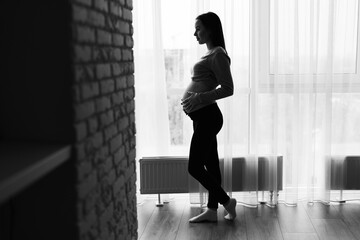 Fototapeta na wymiar silhouette of a pregnant woman standing near a large window and stroking her big belly. black and white photo