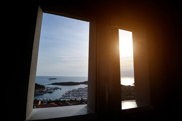 Top View through the window on yachts, port, Adriatic sea near small Croatian town Vrsar.