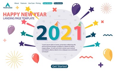 Happy New Year 2021 vector illustration isolated on white color background. include balloon, party hat, firework, stars, etc. good for banners, web, landing page, parties and others.