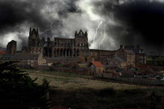 Whitby abbey in north Yorkshire. UK. Coast. Bram Stoker Dracula location. Sky added for effect.