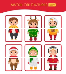 Matching children educational game. Match parts of christmas characters. Activity for pre sсhool years kids and toddlers.