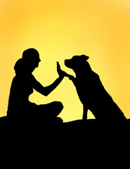 Fototapeta na wymiar silhouette of women and dog shaking hand .