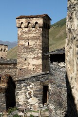 The highest-lying villages of Europe, so called Georgian and Svan Ushguli. Located at an altitude of over 2,100 meters above sea level in the Upper Svaneti area, guard tower, Georgia.