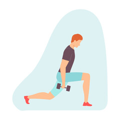 Young man lunges with dumbbells. Leg muscles. Healthy lifestyle. Vector illustration in hand drawn flat style.