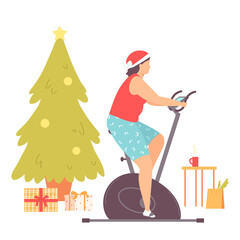 Fat woman on a stationary bike doing cardio exercise at home. Interior with a Christmas tree. Weight loss. Healthy lifestyle. Vector illustration in hand drawn flat style.