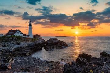 Portland Head Light at sunrise in Maine, New England, USA.	