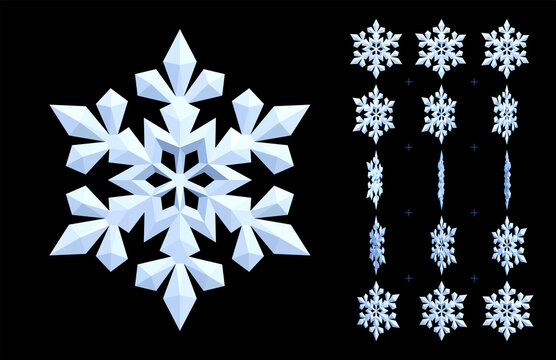 White Animated Snowflake. Rotating 3d Icon Of Winter And Cooling. Vector Sprite Sheet For GIF, Html, Flash Animation. Looped Frame Sequence.15 FPS. Pieces Of Snow Are Isolated On A Black Background.