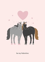 Fototapeta na wymiar Two unicorns with stars and heart stand side by side and embrace isolated on pink. Banner concept of two lovers of the wild magical animals. Valentine's day greeting card. Cartoon vector illustration