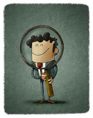 man is holding a large magnifying glass through which he looks smiling. search concept