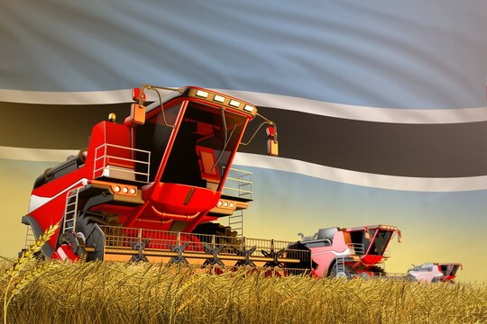 industrial 3D illustration of agricultural combine harvester working on rural field with Botswana flag background, food production concept
