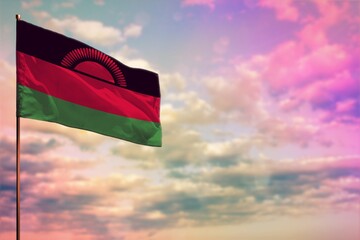 Fluttering Malawi flag mockup with the space for your content on colorful cloudy sky background.