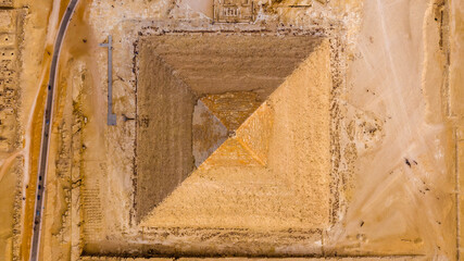 Aerial Vertical view of the pyramid of King Khafre, Giza pyramids landscape. historical egypt pyramids shot by drone