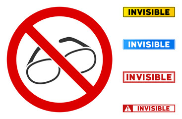 No Spectacles sign with messages in rectangle frames. Illustration style is a flat iconic symbol inside red crossed circle on a white background. Simple No Spectacles vector sign, designed for rules,