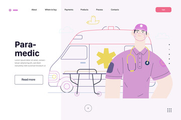 Medical insurance template -ambulance transport and emergency evacuation -modern flat vector concept digital illustration of a male paramedic and ambulance van. Medical service and insurance