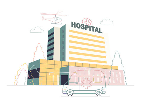 Medical Insurance - Hospital Facilities And Services - Modern Flat Vector Concept Digital Illustration - A Hospital Building With An Ambulance Car And A Helicopter Above, Medical Office Or Laboratory