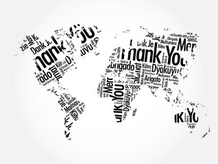 Plakat Thank You in different languages word cloud in shape of World Map, concept background