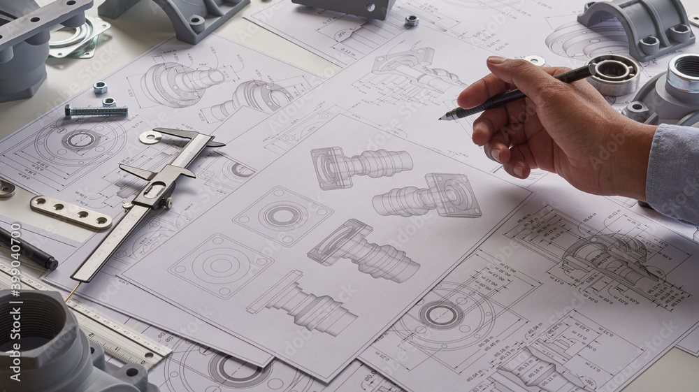 Poster engineer technician designing drawings mechanical parts engineering engine.manufacturing factory ind