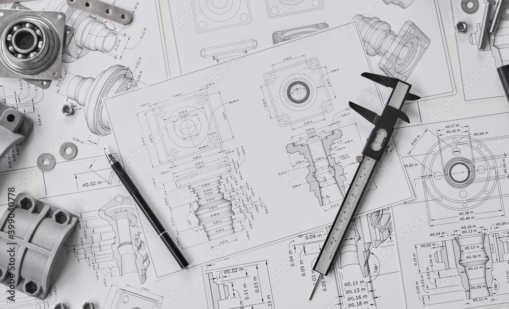Poster engineer technician designing drawings mechanical parts engineering engine.manufacturing factory ind