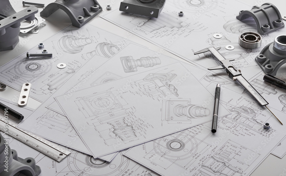 Poster engineer technician designing drawings mechanical parts engineering engine.manufacturing factory ind