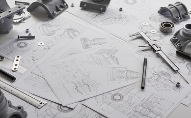 Engineer technician designing drawings mechanical parts engineering Engine.manufacturing factory...