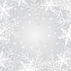 Christmas white on gray abstract background with snowflakes and snow. Square winter holidays art template. Vector illustration.