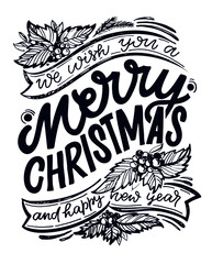 Merry Christmas and Happy new year - cute hand drawn doodle lettering postcard.  Winter holidays label - cute template design. Happy Winter Holidays! Season greetings! Holly Jolly! 