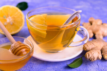 
A cup of healthy ginger tea with lemon and honey.
Close-up.