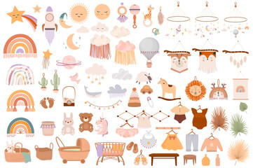 Set of cute boho baby objects in Scandinavian style. Cartoon doodle kids clipart for baby shower invitation card, nursery room decor, poster. Editable vector illustration. - obrazy, fototapety, plakaty