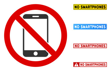 No Smartphone sign with messages in rectangular frames. Illustration style is a flat iconic symbol inside red crossed circle on a white background. Simple No Smartphone vector sign,