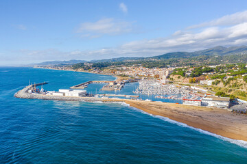 Aerial panoramic view of Arenys de Mar city at dawn.  Barcelona, Spain.
