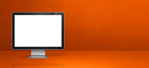 Computer pc on orange desk banner