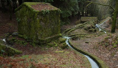 Abandoned moss covered water mills and a small water canal in Moinhos de Rei, Cabeceiras de Basto, Portugal