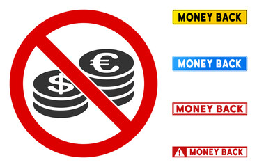 No Currency Coins sign with captions in rectangular frames. Illustration style is a flat iconic symbol inside red crossed circle on a white background. Simple No Currency Coins vector sign,