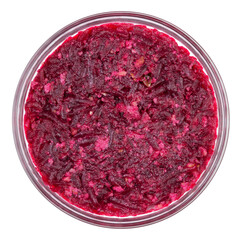 Beetroot salad with raisins, nuts and garlic isolated on white