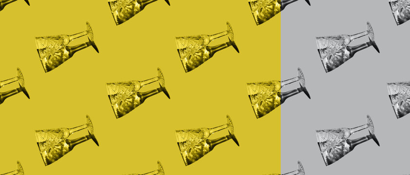 The color of the year 2021 is illuminating yellow and the ultimate gray. Pattern of champagne glass on the yellow and grey background