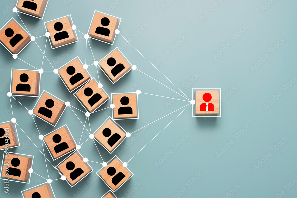 Wall mural wooden cube block print screen person icon which link connection network for organisation structure 