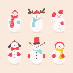 Snowman collection. Vector cartoon collection with different snowman. Flat vector illustration.
