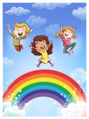 Naklejka premium Children jumping with rainbow