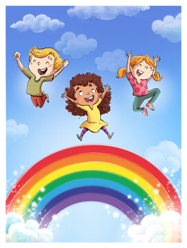 Children jumping with rainbow
