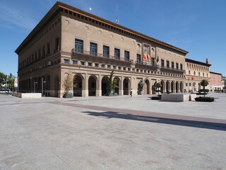 View to town hall on main market square in european Saragossa city at Aragon district in Spain, clear blue sky in 2019 warm sunny summer day on September.