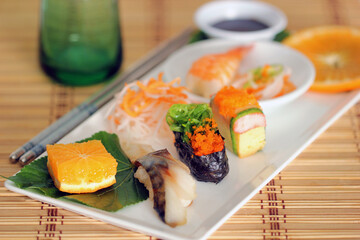 Sushi Assortment On White Dish, close up