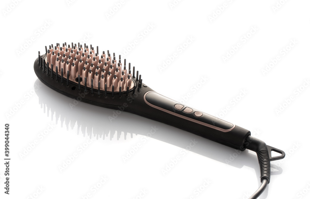 Wall mural close up of brand new hair brush for straightening hair. on white background.